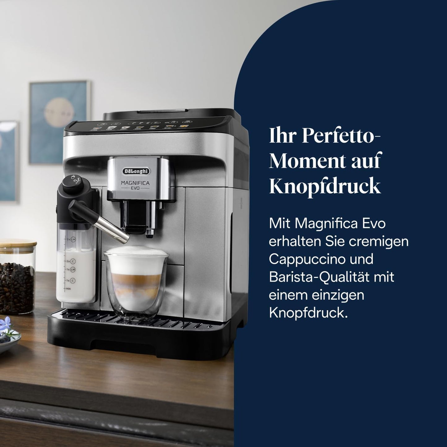 De’Longhi Magnifica Evo ECAM292.81.SB-Kaffeevollautomat mit Vollautomatischem cremigen Milchschaum, 7 One-Touch-Getränke, Cappuccino & Espresso, Kaffeemaschine, Soft-Touch-Bedienfeld, Silber